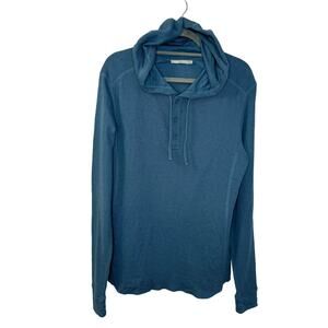 Vince Hoodie Men's Cozy Double-Knit Cotton Henley Pullover Hoodie Blue Medium